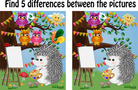 查找图片之间的差异。儿童教育游戏。林间空地上的刺猬画在画架上, 猫头鹰坐在树枝上欣赏