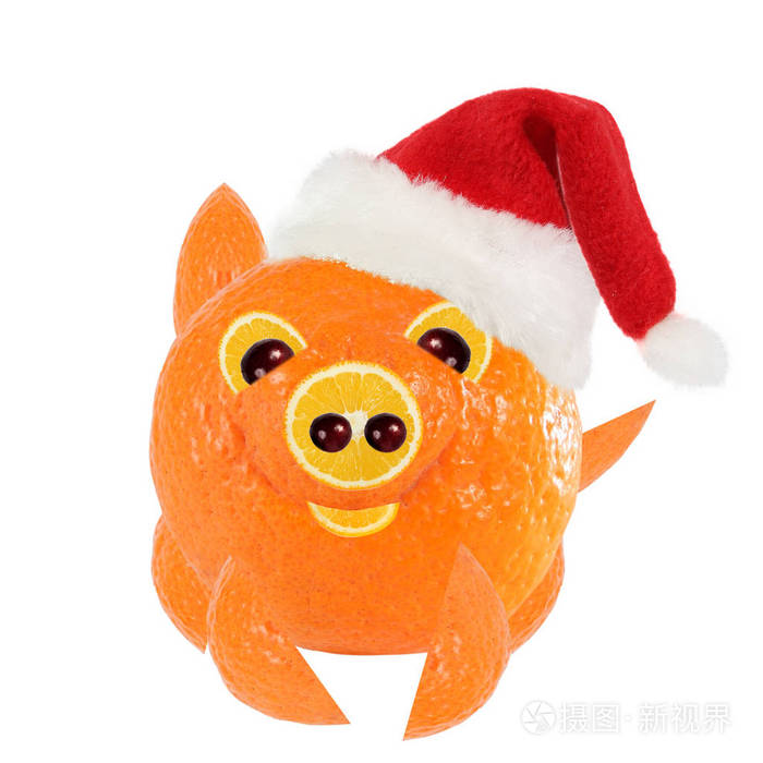 创意食品概念.由橘子做成的滑稽的小猪.新年快乐照片-正版商用图片0tv