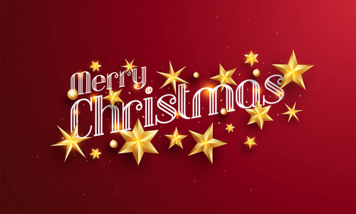 在红色背景下为节日庆祝而装饰金色星星的圣诞快乐创意刻字的最高视图