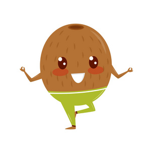 滑稽的猕猴桃做瑜伽运动, 体育水果动画片字符向量例证在白色背景照片