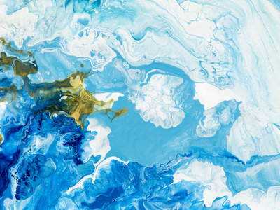 蓝色和金色创意抽象手绘背景, 大理石纹理, 抽象海洋, 在画布上的