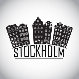 瑞典斯德哥尔摩老城。旅行地标黑色图标与文本。斯堪的纳维亚的房屋是著名的建筑旅游景点之一。向量例证