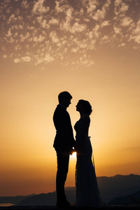 这对新婚夫妇在日落时天空的轮廓。我的婚礼