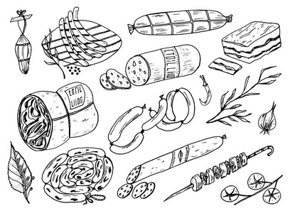 肉食, 香肠和牛排的 bbq 和野餐。菜单上的涂鸦标志。复古雕刻插图。单色风格