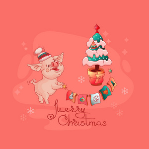 圣诞贺卡。可爱的欢快的猪附近的圣诞树举行加兰的旗帜。漫画猪和圣诞玩具。有趣的小猪卡通风格隔离在粉红色的背景。向量例证