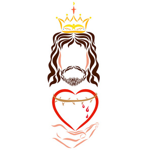 耶稣冠冕耶稣国王手里拿着一颗带荆棘冠冕的心照片