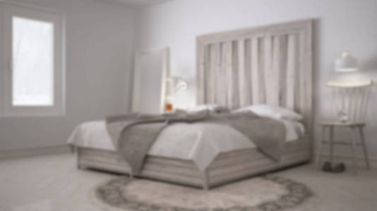 模糊的背景室内设计, 现代卧室, 床与木制床头板, 斯堪的纳维亚白色生态别致的建筑
