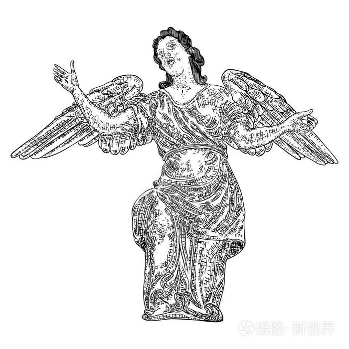 插画 天使与翅膀, 飞行或站立.基督教的宗教象征手绘向量.eps
