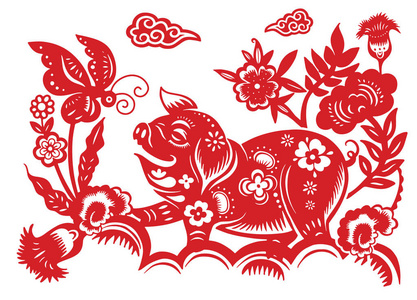 中国十二生肖星座猪年, 红纸切猪, 快乐中国新年2019期猪照片