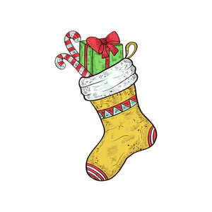 袜子。圣诞节, 新年。礼物, 糖果。素描。颜色