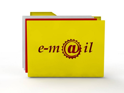 黄色信封, 带有附加文件的电子邮件符号。签名的狗是在齿轮上的信封和电子邮件文本, 红色图像隔离在白色的背景。3d 渲染