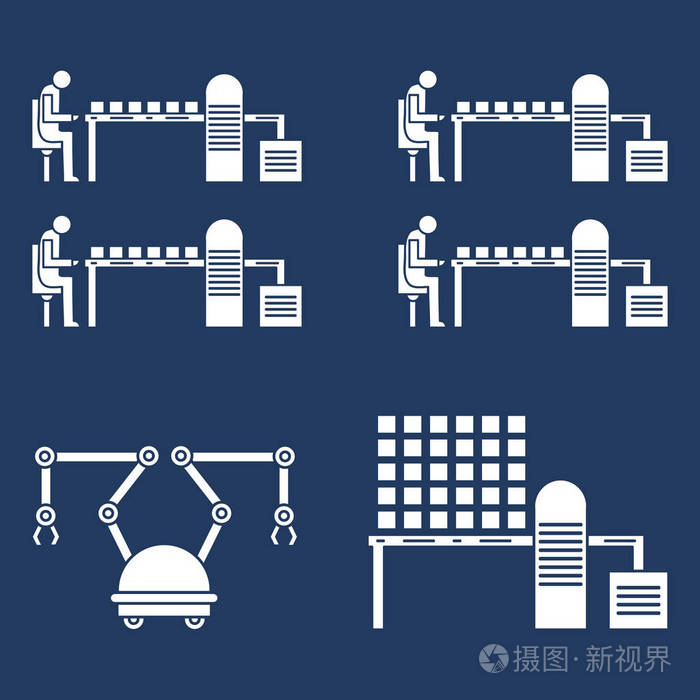 智能自动机器人生产线.更换在传送带上的机器人机制的人.
