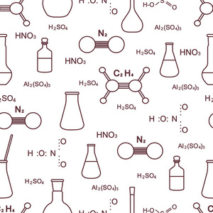 科学的向量无缝的模式与烧瓶, 烧杯, 分子结构和公式。教育要素。化学, 生物学, 医学