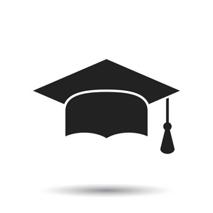 毕业帽平面设计图标。完成教育符号。毕业一天庆祝元素在白色背景上