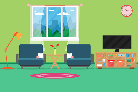 室内客厅现代舒适和豪华的风格与家具在房子. 矢量和插图