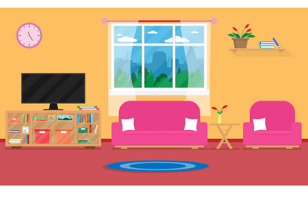 室内客厅现代舒适和豪华的风格与家具在房子. 矢量和插图
