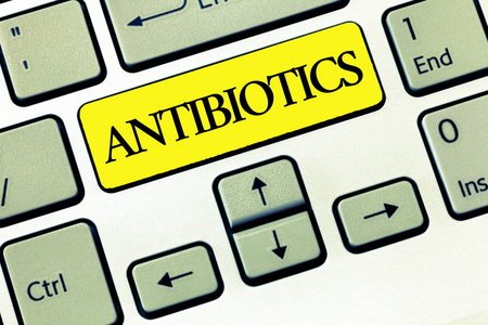 概念手写显示抗生素。商业照片文本药物在细菌感染治疗和预防中的应用