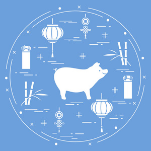 新年快乐2019卡。农历新年的象征。猪, 灯笼, 中国红包的钱, 竹子, 硬币的运气。不同国家的节日传统