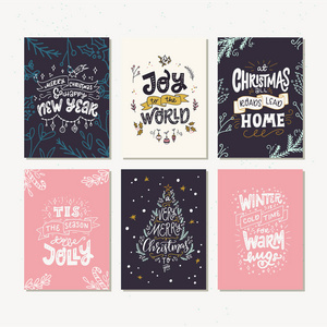 收集手绘假日卡片或海报。用手工刻字的圣诞谚语, 语录和问候。在向量中制作的新年礼物标签