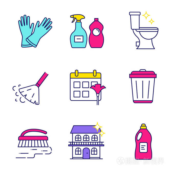 家用手套,洗涤剂,整洁的厕所,扫帚,时间表,垃圾桶,刷子,房屋清洁.