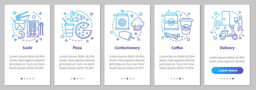 食品交付入机移动应用程序页面屏幕与线性概念。糖果, 咖啡, 寿司, 比萨饼步骤图形说明。ux, ui, gui 矢量模板与插图