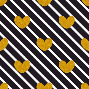 平铺矢量模式与黑色和白色的条纹和金色的心