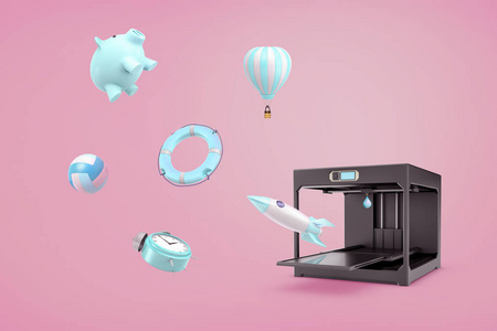 3d 渲染粉红色的背景与3d 打印机使蓝色的存钱罐, 闹钟, 救生圈和其他东西