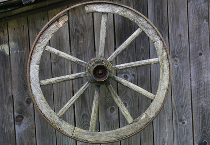 木墙背景上的旧车轮