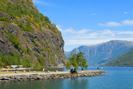 挪威的壮丽峡湾和山脉景观在一个简单的旅游。挪威的弗洛姆景观