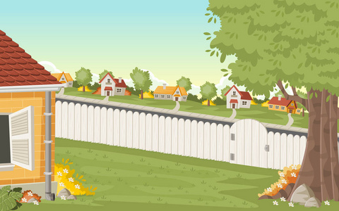 在视点的木栅栏木栅栏上多彩在郊区邻居家的后院照片