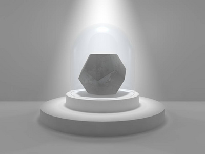 在演播室中心的十二面体, 在一个圆形的基座上, 在被光线照亮的玻璃帽下。由银铂和灰石制成的十二面体。3d 渲染