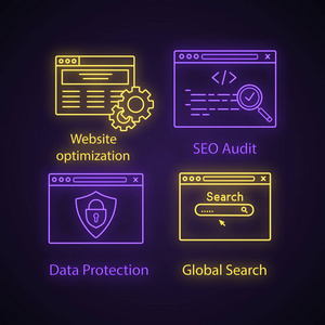 seo neon 灯光图标设置。网站优化seo 审核数据保护全球搜索。发光的标志。向量被隔绝的例证