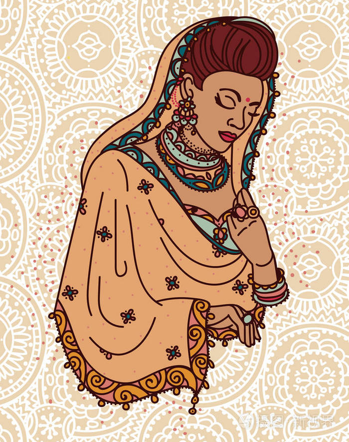 在传统的纱丽祈祷印度的画像插画-正版商用图片0twn5r-摄图新视界