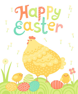 母鸡 鸡与彩绘的鸡蛋在草原上快乐复活节节日明信片