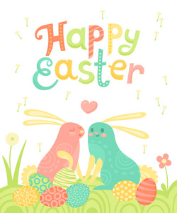 用兔子的快乐复活节节日明信片画鸡蛋的草地上