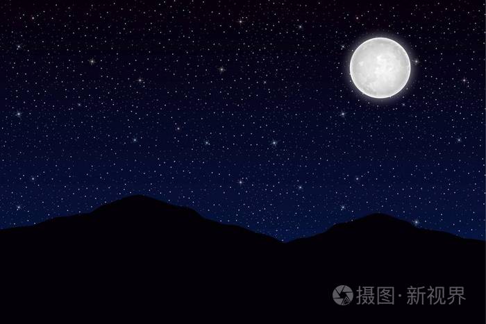 山在月亮夜背景.天空与星星.向量例证