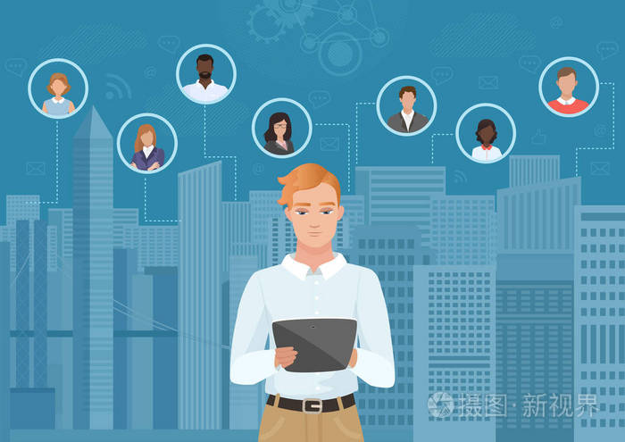 在thew 市浏览平板电脑和沟通人矢量图的年轻人.