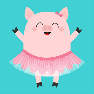 猪贝莱娜小猪芭蕾舞者穿着粉红色的裙子。可爱的卡通搞笑小孩的性格。图图礼服。笑脸。猪母猪动物。扁平设计。蓝色背景。向量
