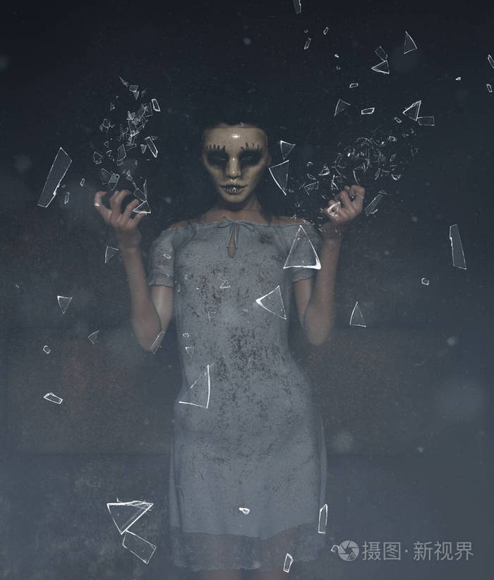 鬼女人在令人毛骨悚然的面具, 因为她不得不隐藏她的脸3d 插图