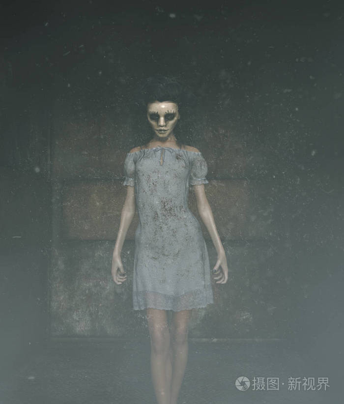 鬼女人在令人毛骨悚然的面具, 因为她不得不隐藏她的脸3d 插图