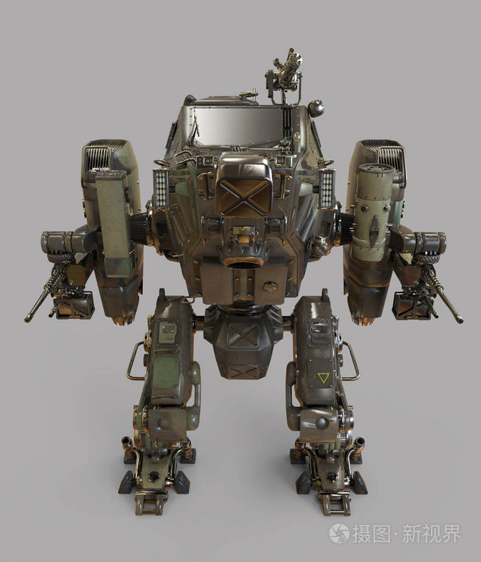 军事机器人.3d 插图隔离在灰色背景