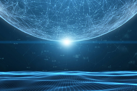 未来派网络网络空间, 有数字,线条,圆点和三角形.从空间查看照片