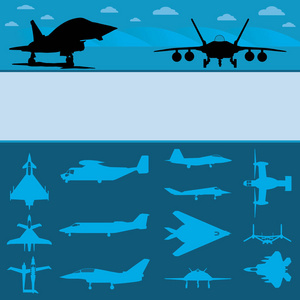 不同类型的军用飞机在蓝色背景矢量图像的轮廓