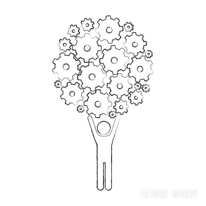 单色素描的人举起小齿轮组