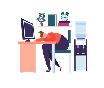 厌倦了在办公室睡觉的业务字符。精疲力竭的工人在工作中睡着了。懒惰的人睡在他的桌子后面。向量例证
