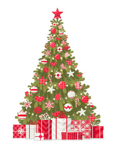 装饰圣诞树与礼物在白色背景。圣诞快乐, 新年快乐。贺卡的元素。传染媒介例证在动画片样式