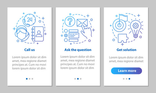 使用线性概念的呼叫中心载入移动应用页面屏幕。客服热线客户服务步骤图形说明。用户体验UiGui 矢量模板和插图