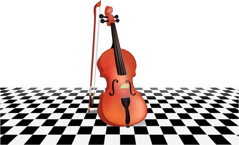 小提琴和弓。乐器。字符串。在白色背景小提琴。格子背景。棋盘