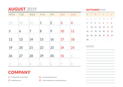 2019年8月。周从星期一开始。日历规划师文具设计模板。向量例证