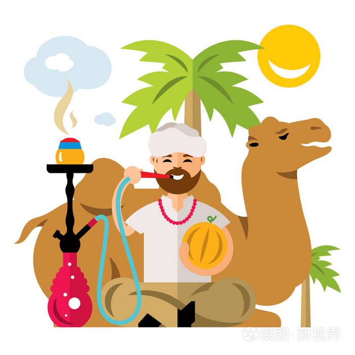 矢量阿拉伯水烟的男人.平面样式色彩丰富的卡通插画